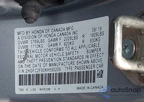 2019 Honda Civic Sport из США, поврежденный, VIN 2HGFC2F80KH590209